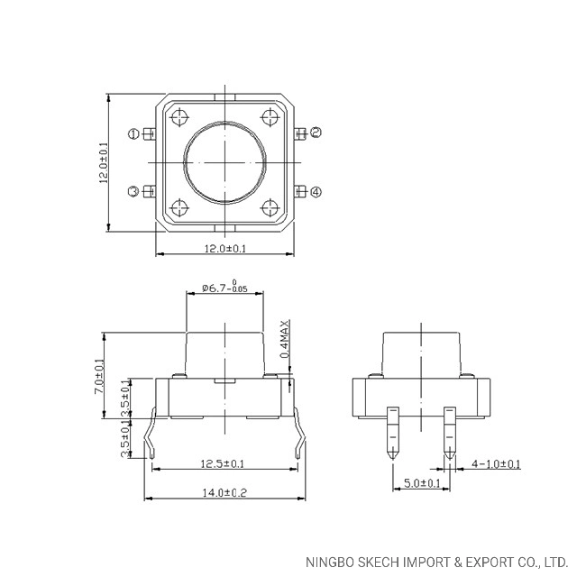 Interruptor de contacto de vástago plano de 12 x 12 mm, montaje superficial en PCB, Micro on-off Interruptor pulsador vertical