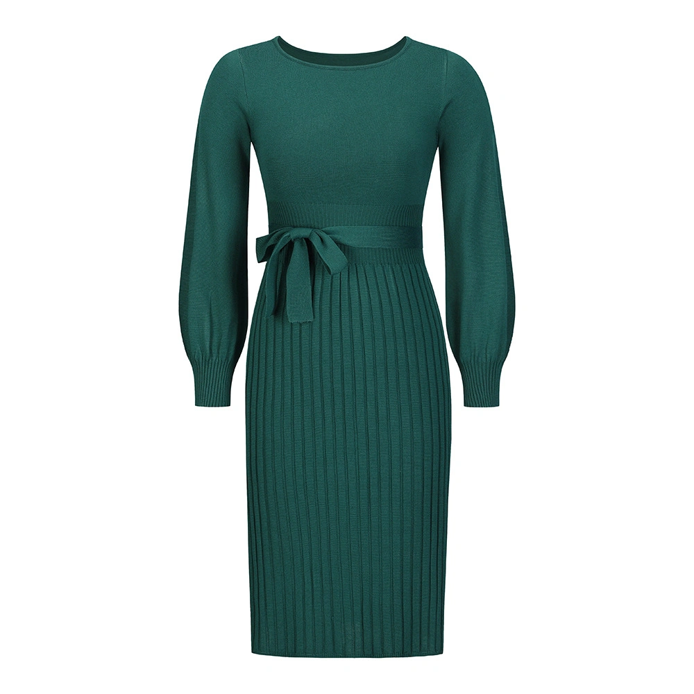 Women's New Knitted Pleated Dress for Autumn and Winter Slim-Fit Pleated in Long Leggings Sweater Skirt Solid Waist Belt Dress