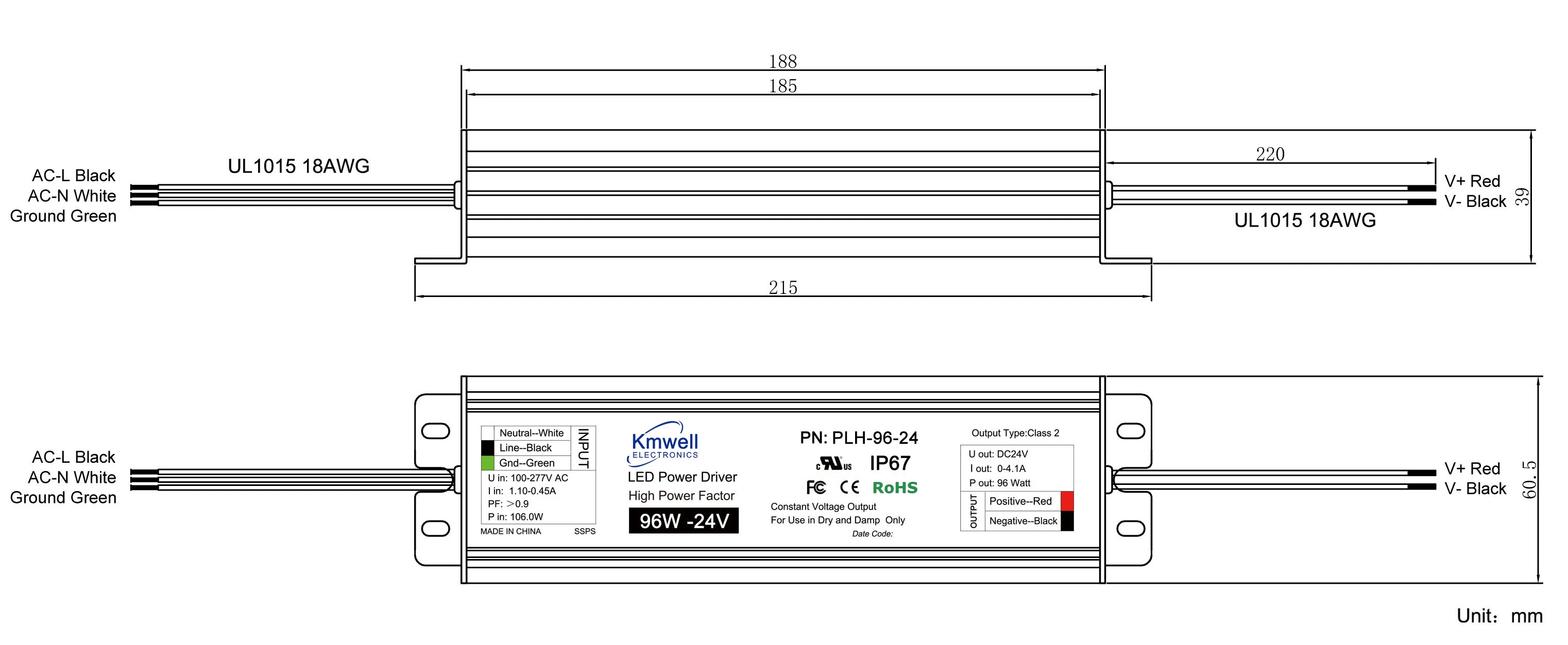 Factor de potencia alta Plh-96W 12V 100W 24V 48V el Controlador de LED de alimentación LED impermeable para la muestra al aire libre mercado con homologación UL FCC RoHS CE