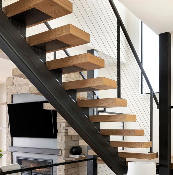 Commercial Indoor Steel Railing Staircase Oak Wood Straight Staircase Design