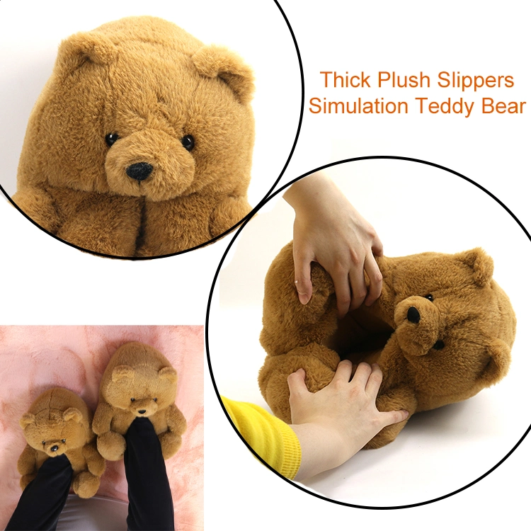 Teddy Bear Women Plush Fur Slippers Cartoon House Shoes Indoor Flip Flops Winter Warm Furry Slides Footwear