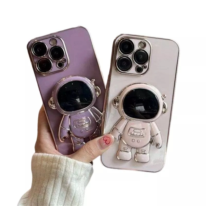 Electroplating Phone Case for iPhone 14 PRO Max, Astronaut Kickstand Design TPU Protective Back Cover - White