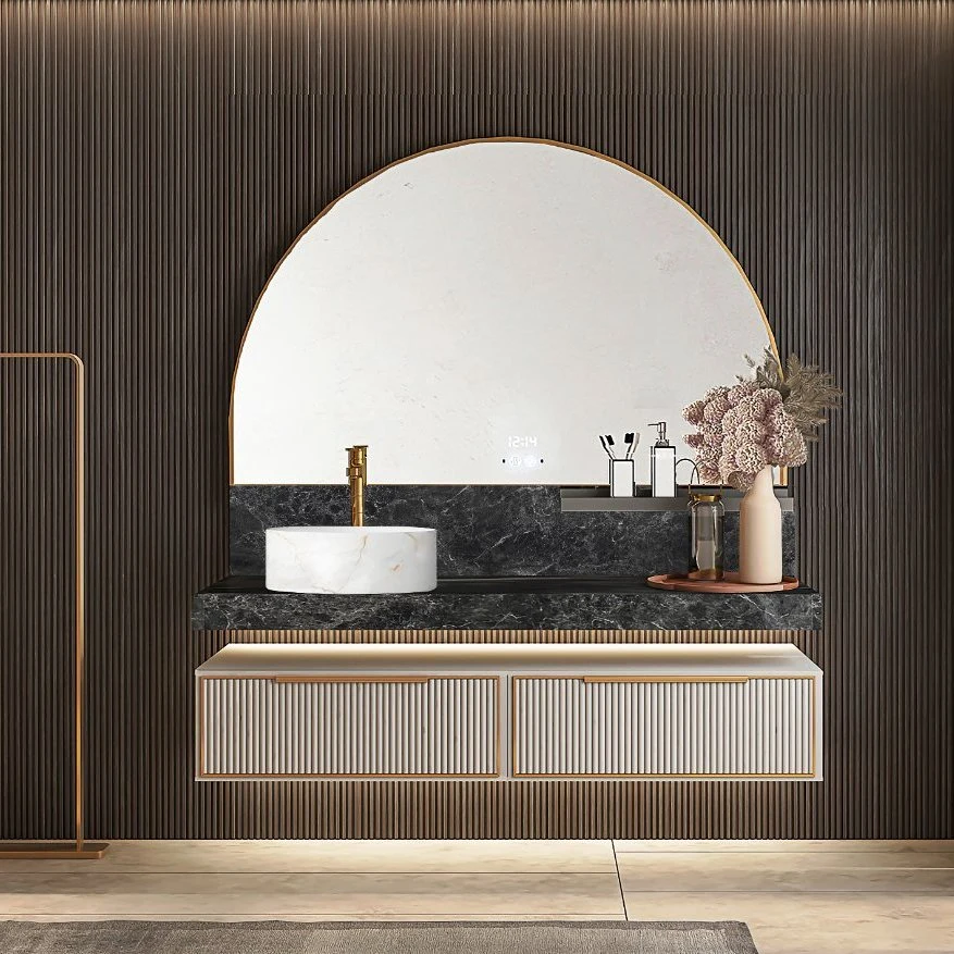 Semi redondo Arqueado Metal minimalista Cuarto de baño moderno de gama alta lavador Lavabo espejo tocador de cerámica