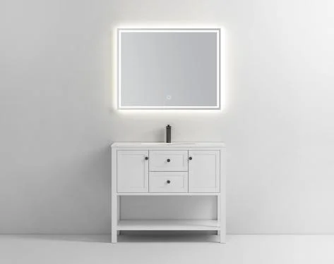 Salle de bain-de-chaussée Salle de bains blanche hydrofuge meubles permanent Cabinet grand espace de stockage avec miroir à LED