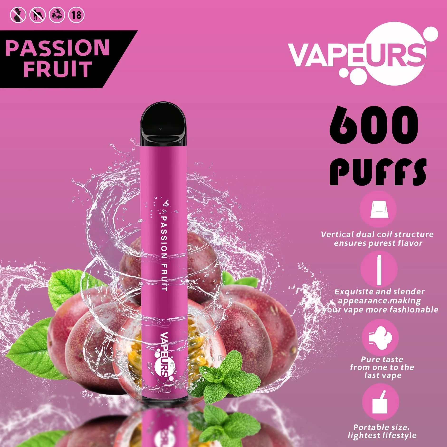 up to 600 Puffs Passion Fruit Flavor Vapes 0-5% Nicotine Strength E Cigarette Multi Languages Packaging Disposable/Chargeable Vape High quality/High cost performance Hookah