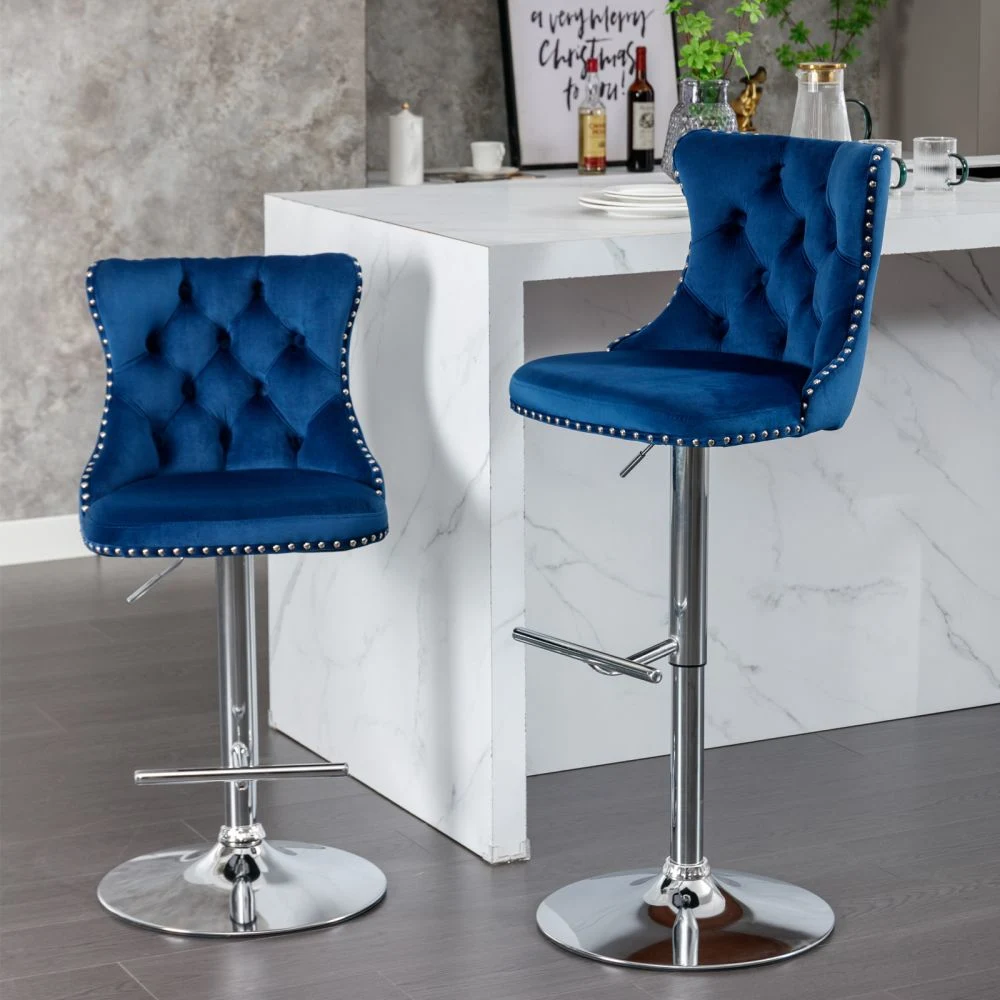 Bar Stools Set of 2 with Adjustable Modern Bar Stool Chairs, Velvet, Blue