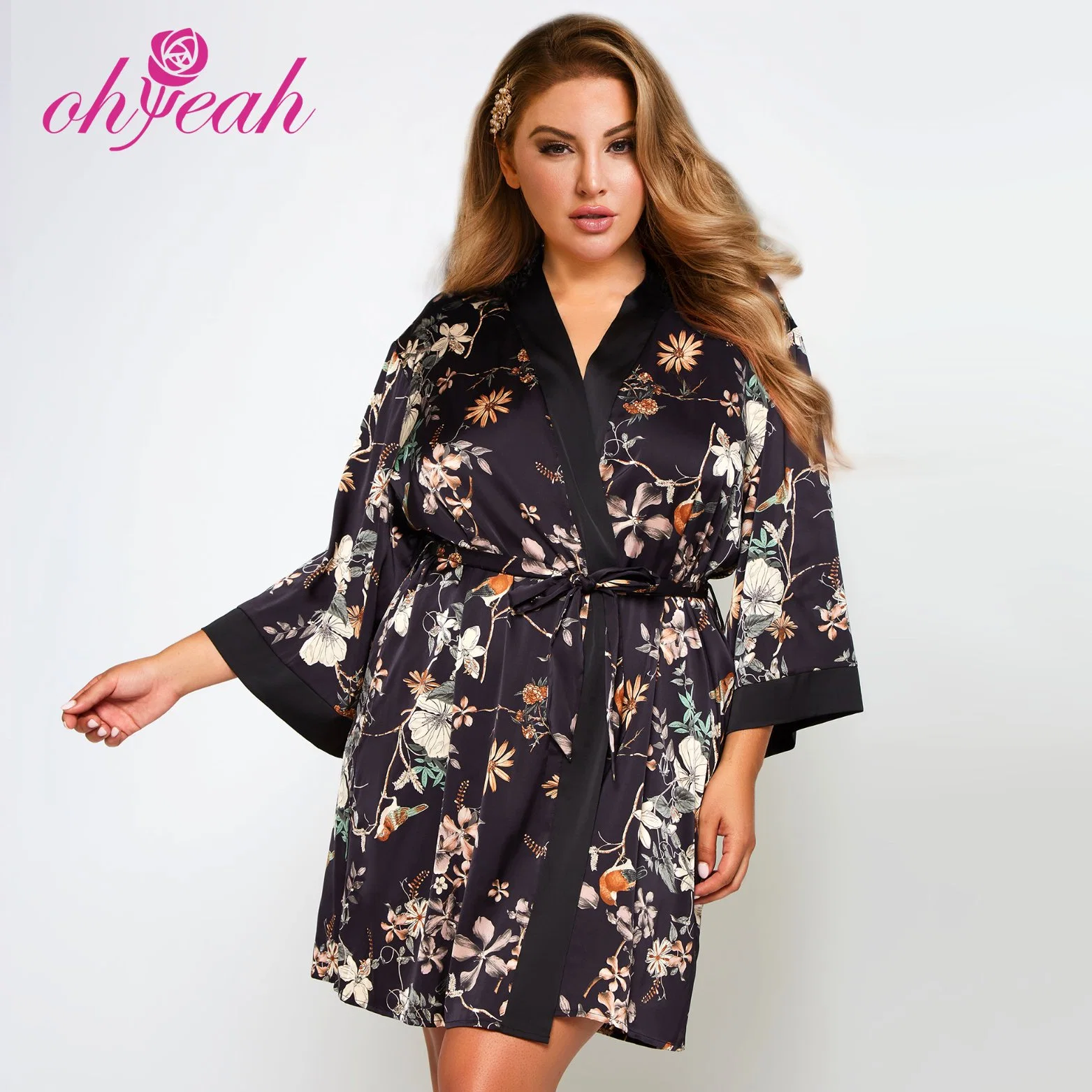 Hot Romantic Black Printing Silk Long Sleeves Luxury Sleepwear with Thong