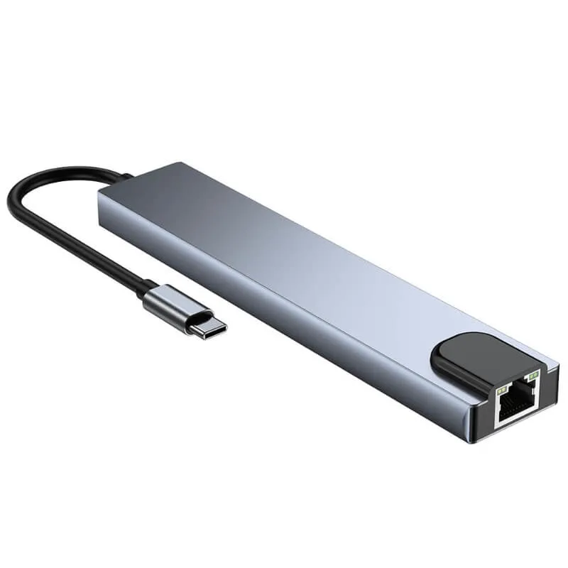 Hub USB 1 en 8 USB-C para portátiles compatible con HDMI+RJ45/USB/PD 87W/SD/TF/PD adaptador