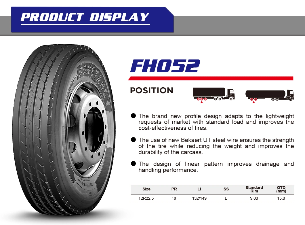 Constancy Truck Bus Tyre, TBR, Light Truck, Steer and Trailer Tyre Fh052 (12R22.5)