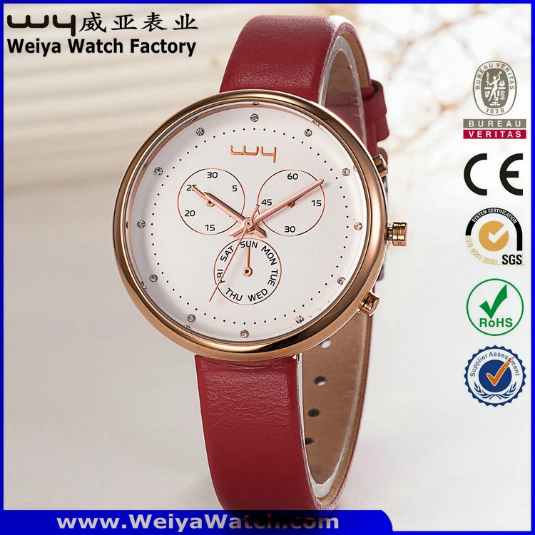 OEM/ODM Leather Strap Quartz Ladies Custom Wrist Watch (Wy-091A)