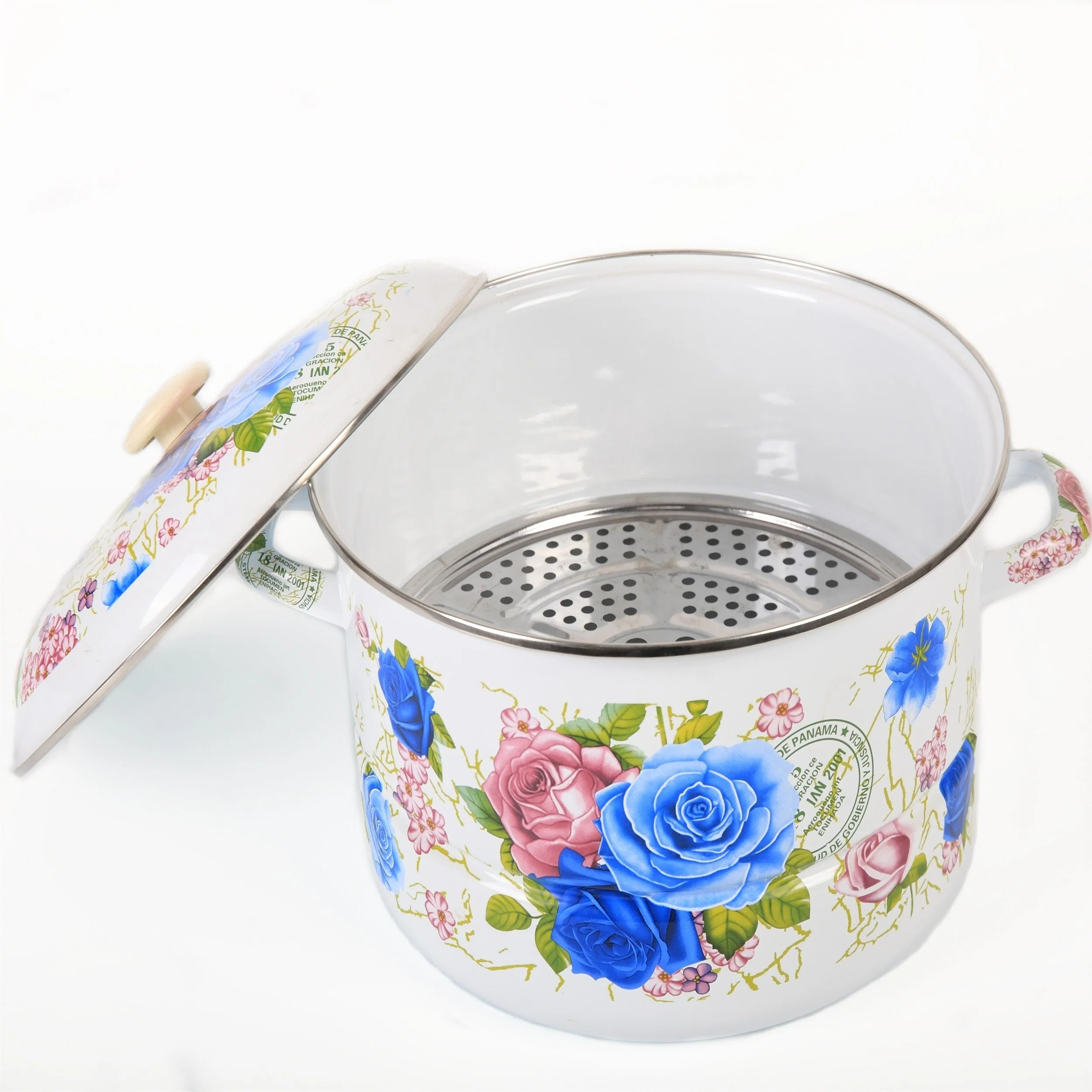 Enamel Steamer Custom 24/26/28cm Enamel Metal Steel Steamer Cookware Pot with Steaming Plate