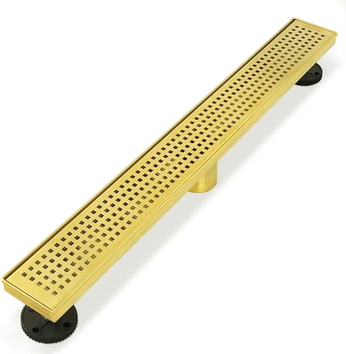 36-Inch Brushed Brass Linear Shower Drain with Removable Quadrato Pattern Grate, 304 Stainless Steel Gold