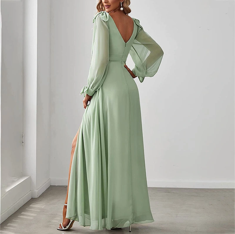 High quality/High cost performance  Women's V Neck Long Sleeve Bridesmaid Dress Plus Size Chiffon Formal Evening Gown