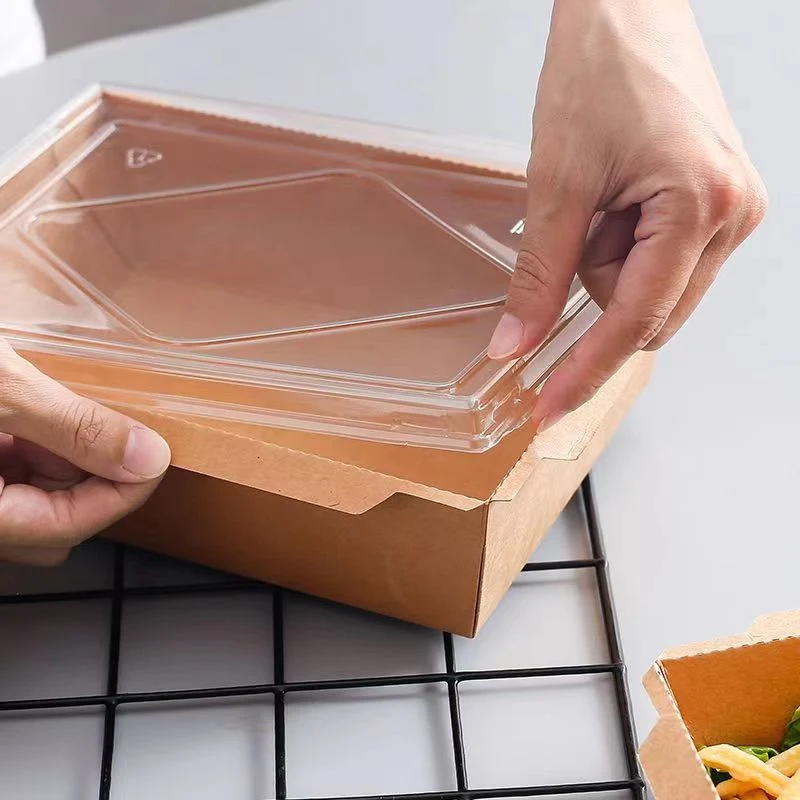 Eco-Friendly Kraft Paper Lunch Box with Plastic Lid for Food Packing