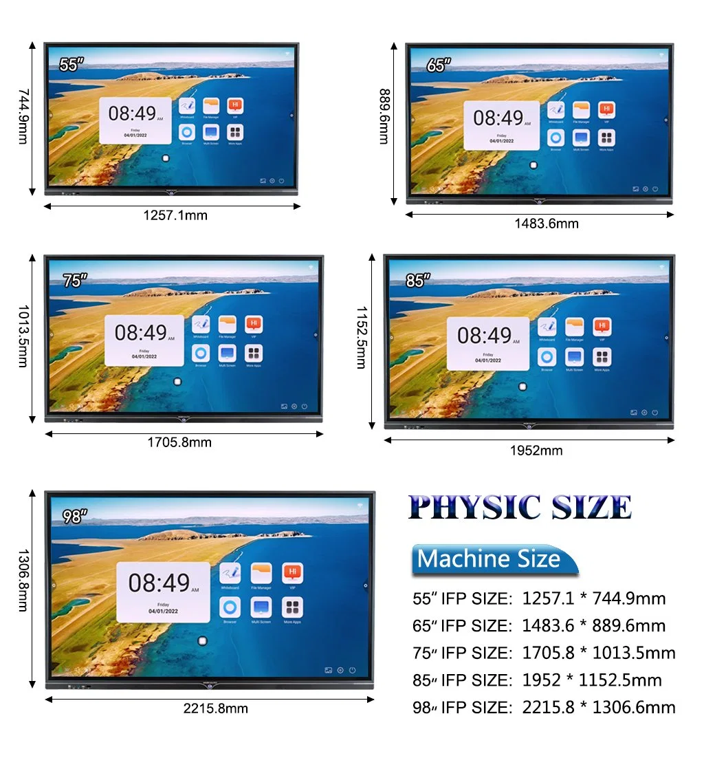 Una buena calidad de Panel Plano Interactivo con UHD 4K 60Hz Reproductor de Google Android V9.0 3840*2160 Pantalla Táctil pizarras SMART Board Miboard Marco Ultra delgado