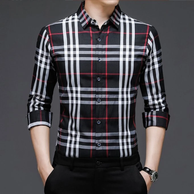 2023 New Men's Apparel Casual Plaid Lapel Men's Long Sleeve Shirt