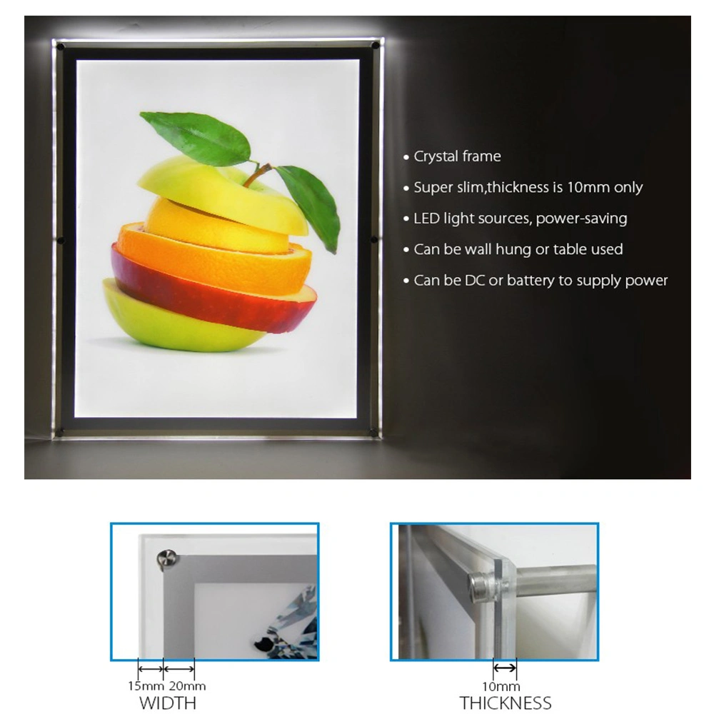 Wand-hing Poster Rahmen mit LED-Licht Slim Crystal Acryl Magnetic LED-Bilderrahmen Box