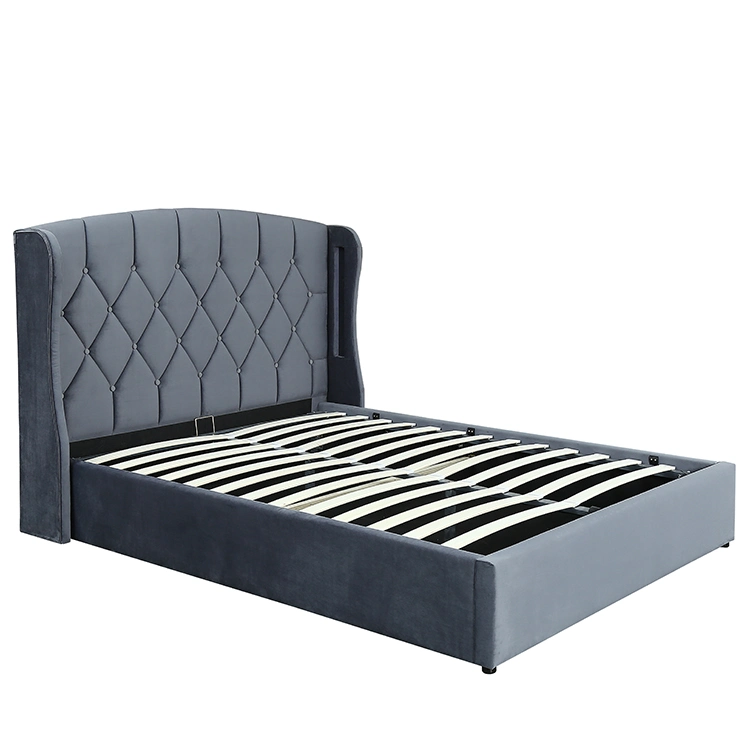 Willsoon 1513-1g Modern Stylish Curve Velvet Fabric Bed with Button Design Headboard and LED Wings & Gas Lift Storage