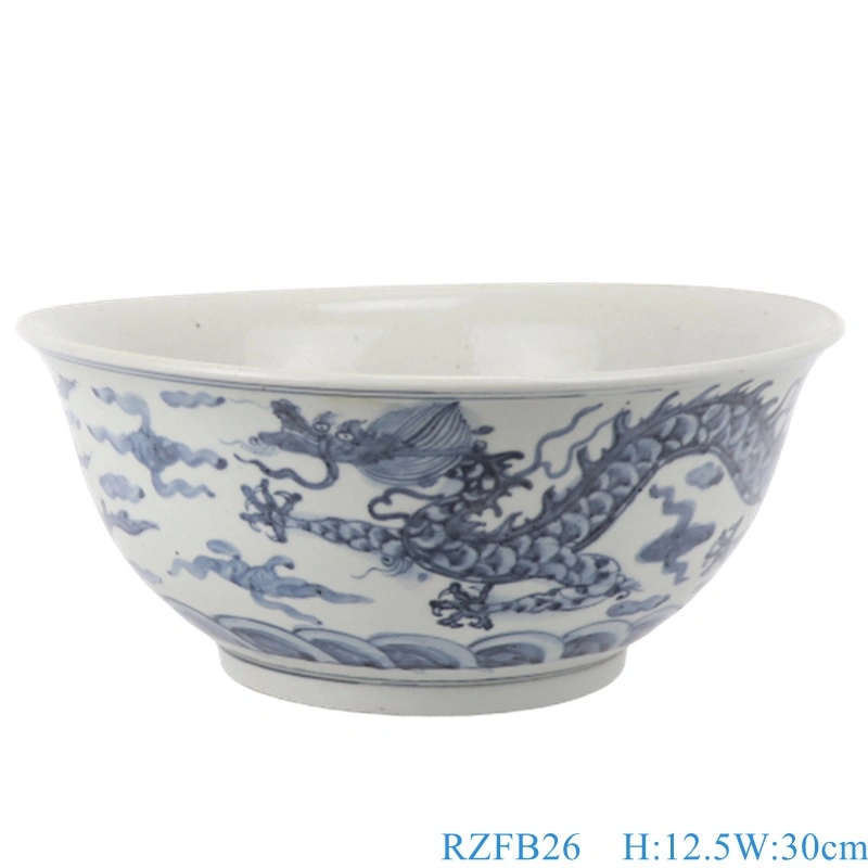 Chinese Old Style Antique Blue and White Porcelain Dragon Blessing Motif Ceramic Bowl