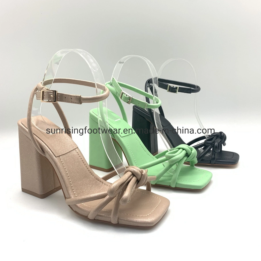 Ladies Fashion Square Toe Sexy PU High Rope Strap Block Heel Fashion Sandal Shoes