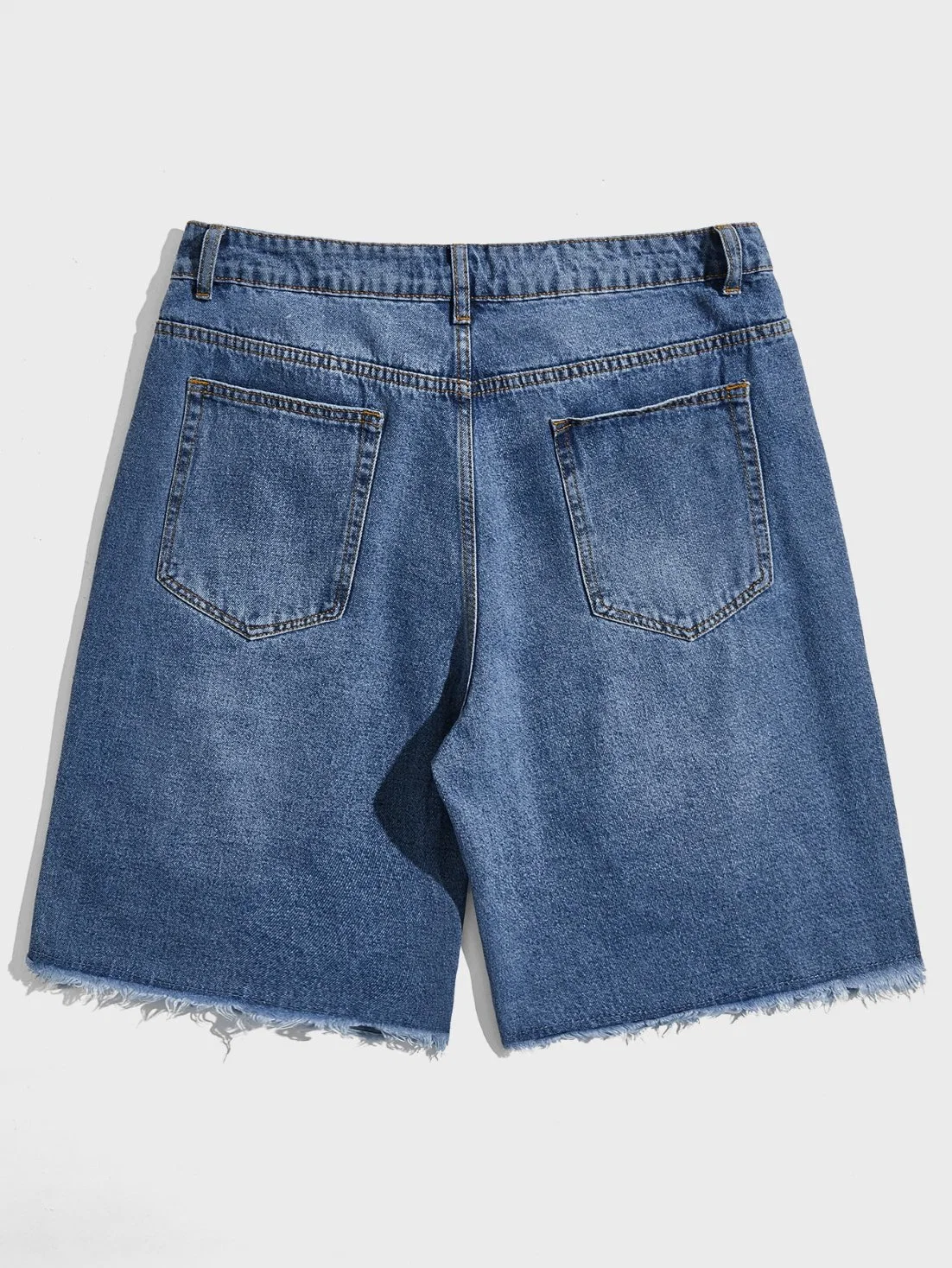 Classic Non Stretch Ripped Jeans Men Blue Wash Denim Shorts Jeans