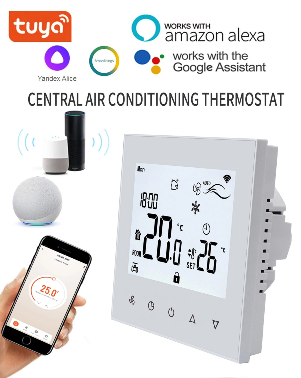 WiFi Central Air Conditioner Thermostat for 2 Pipe 4 Pipe 3 Speed Fan Coil Unit Heating and Cooling