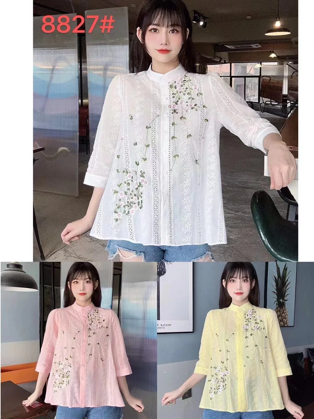 2023 Summer Cotton Polo Neck MID-Sleeve Hollowed out Design Sense Large Size Loose Casual Slimming Shirt Women's Clothing of Apparel