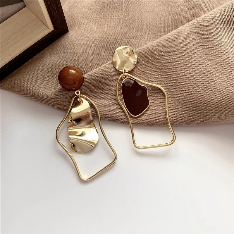 Gold Wire Red Enamel Geometric Irregular Fashion French Asymmetric Earrings