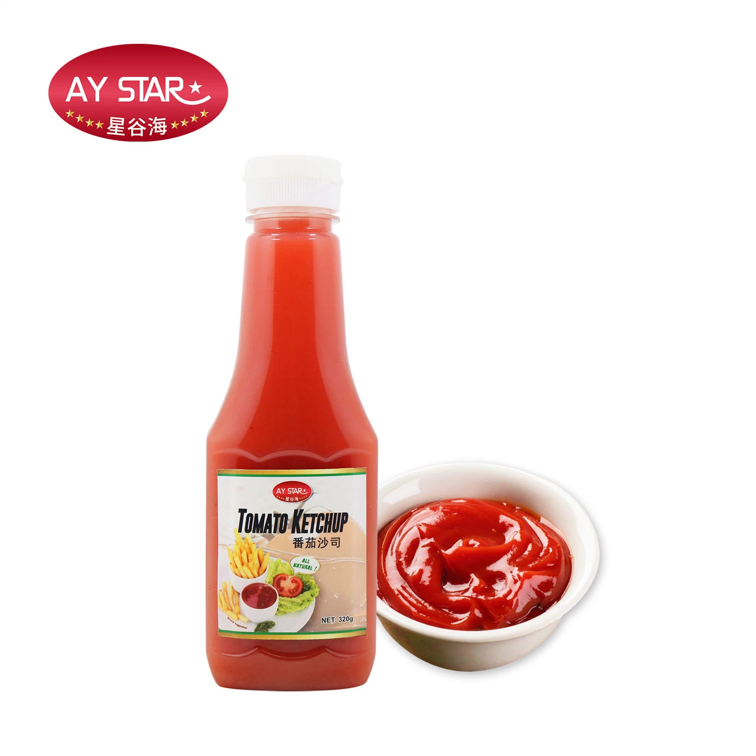 Precios baratos a granel al por mayor de la botella de cristal Pegar Ketchup 320g de salsa de tomate