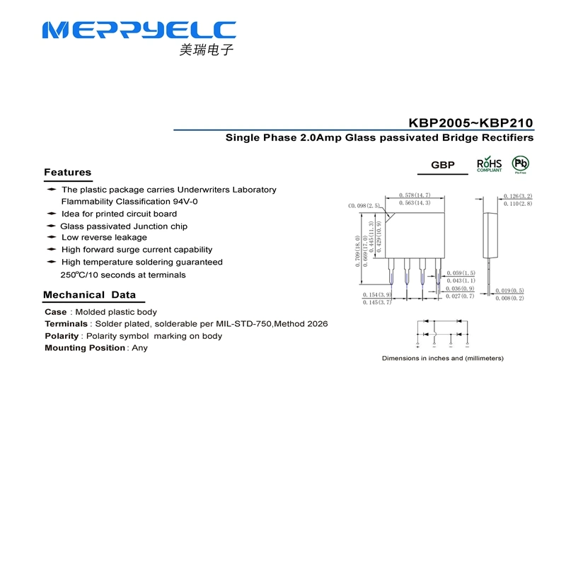 KBP2005~KBP210 Single Phase 2.0Amp Glass passivated Bridge Rectifiers Semiconductor Diode