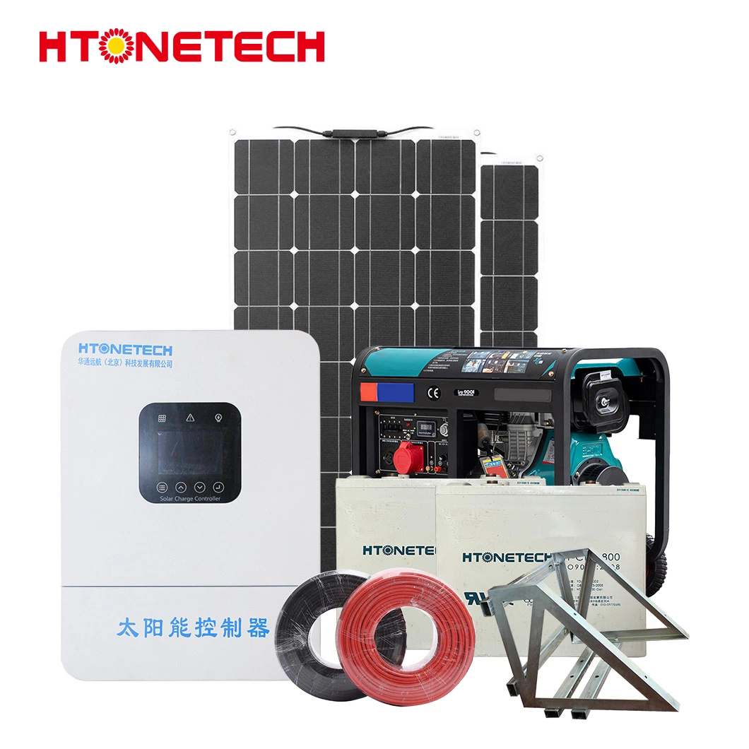 Htonetech komplett aus Netz 3kw Home Solar System China 5kw 10kW 50*60mm Mono kristalline Solarzellen 3,5 kW Silent Diesel Generator Solar Gas Generator Hybrid