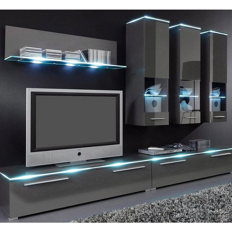 Elegantes soportes de TV y mesa de café de cristal Iluminación de puertas Cajón superior de Slab Cuarto de estar de pata de acero inoxidable Armarios