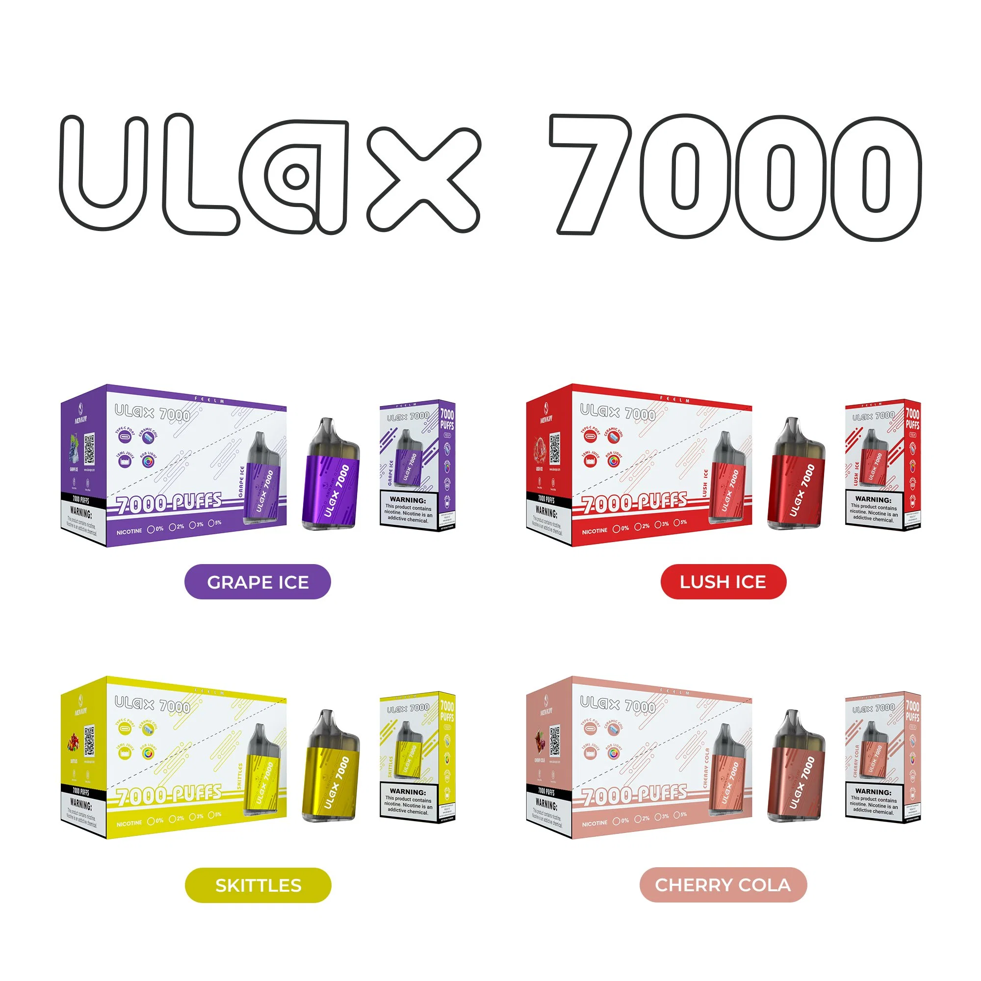 Vente à chaud Ulax 7000 Vape jetable RVB Light