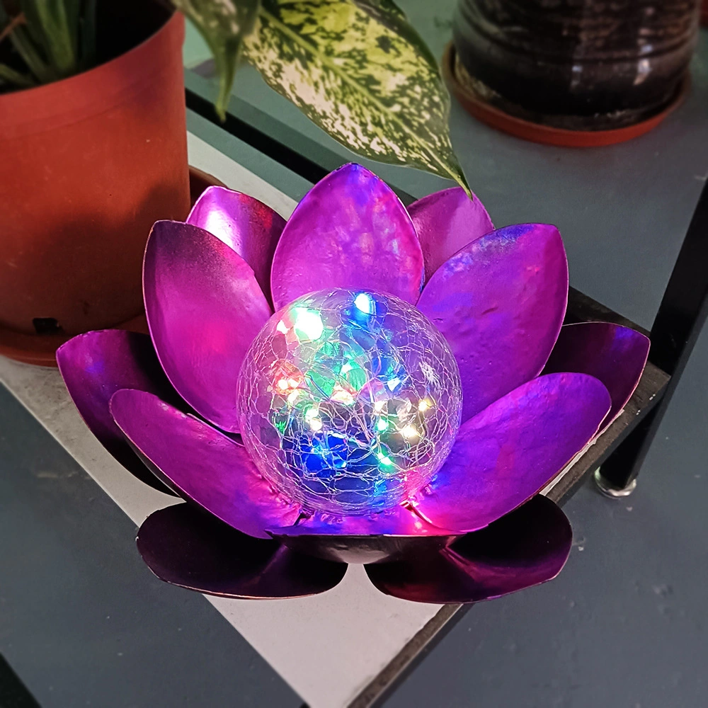 Metal Lotus Flower Crackle Glass Globe Solar LED Colorful Light Decoration