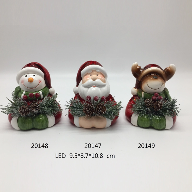 Santa &Snowman Christmas Assortment Lighting Decoration in 2 Colors, Ceramic Festival Crafts with Berry Leaf