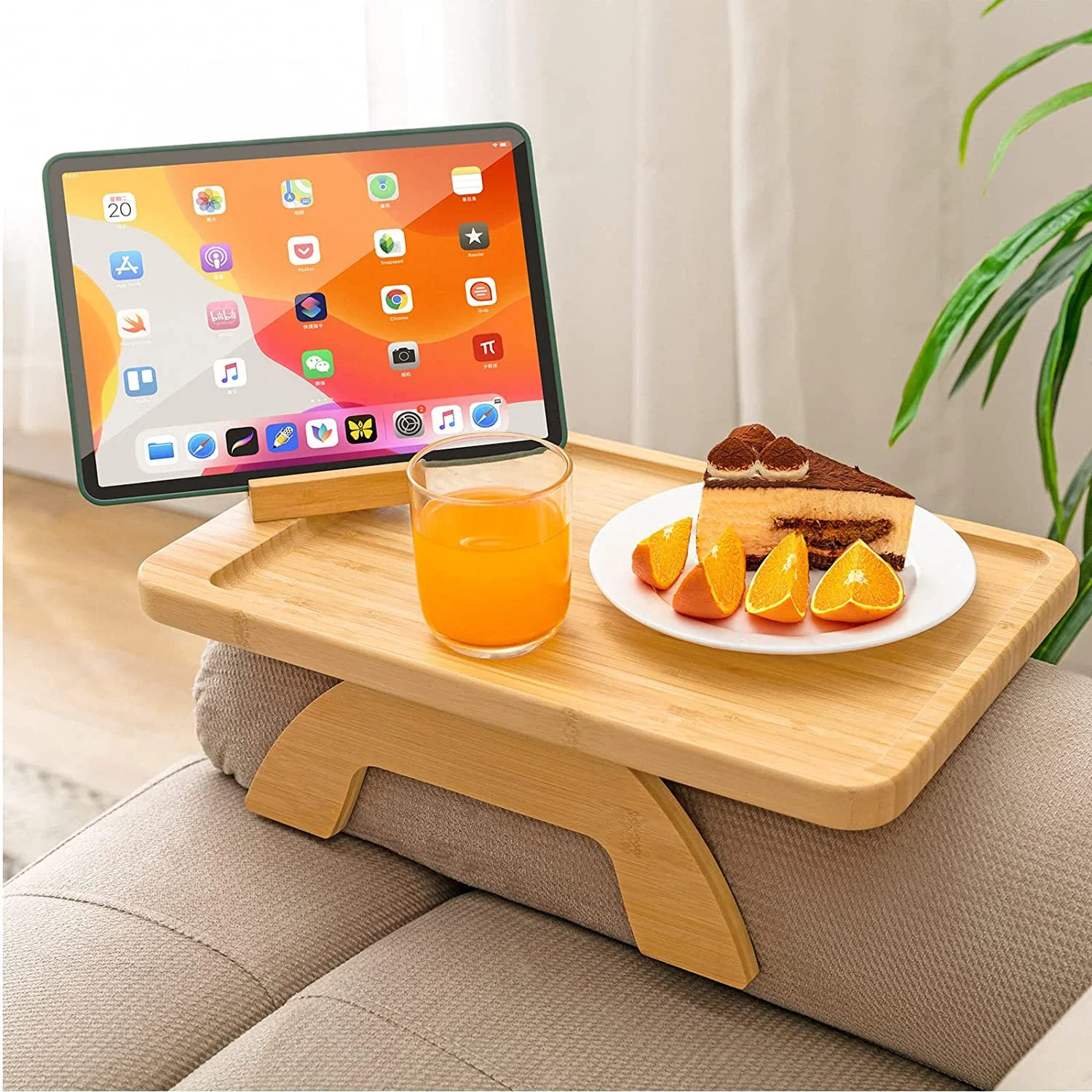 Bamboo Sofa Tray Table Clip on Side Table for Wide Couches Arm Foldable Couch Tray with Rotating Phone Holder Armrest Table for Eating Drinks Snacks