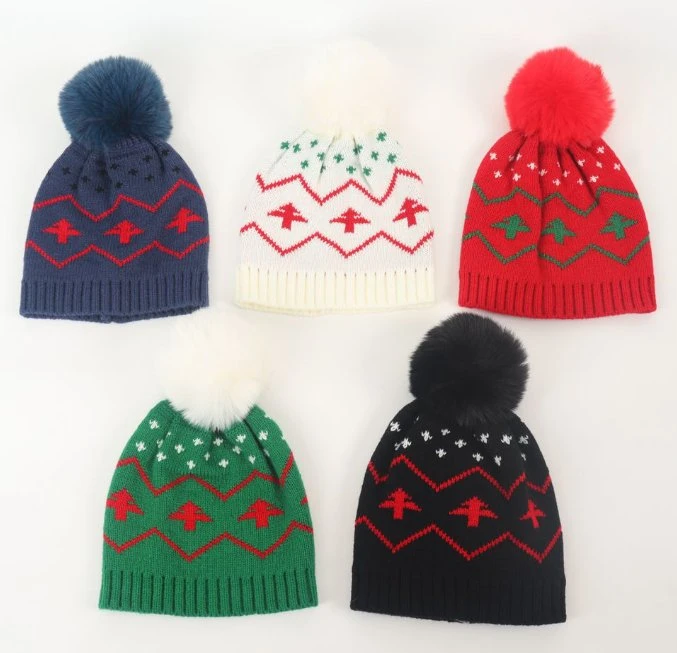 Wholesale Warm Winter Hat Christmas Tree Children's Warm Wool POM Jacquard Knitted Skull Hat Beanie Cap Elastic