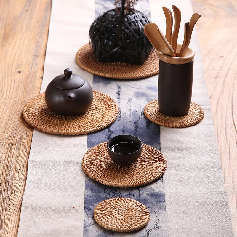 Round Natural Rattan Coasters Bowl Pad Handmade Insulation Placemats Table Cupmats Kitchen Coasters