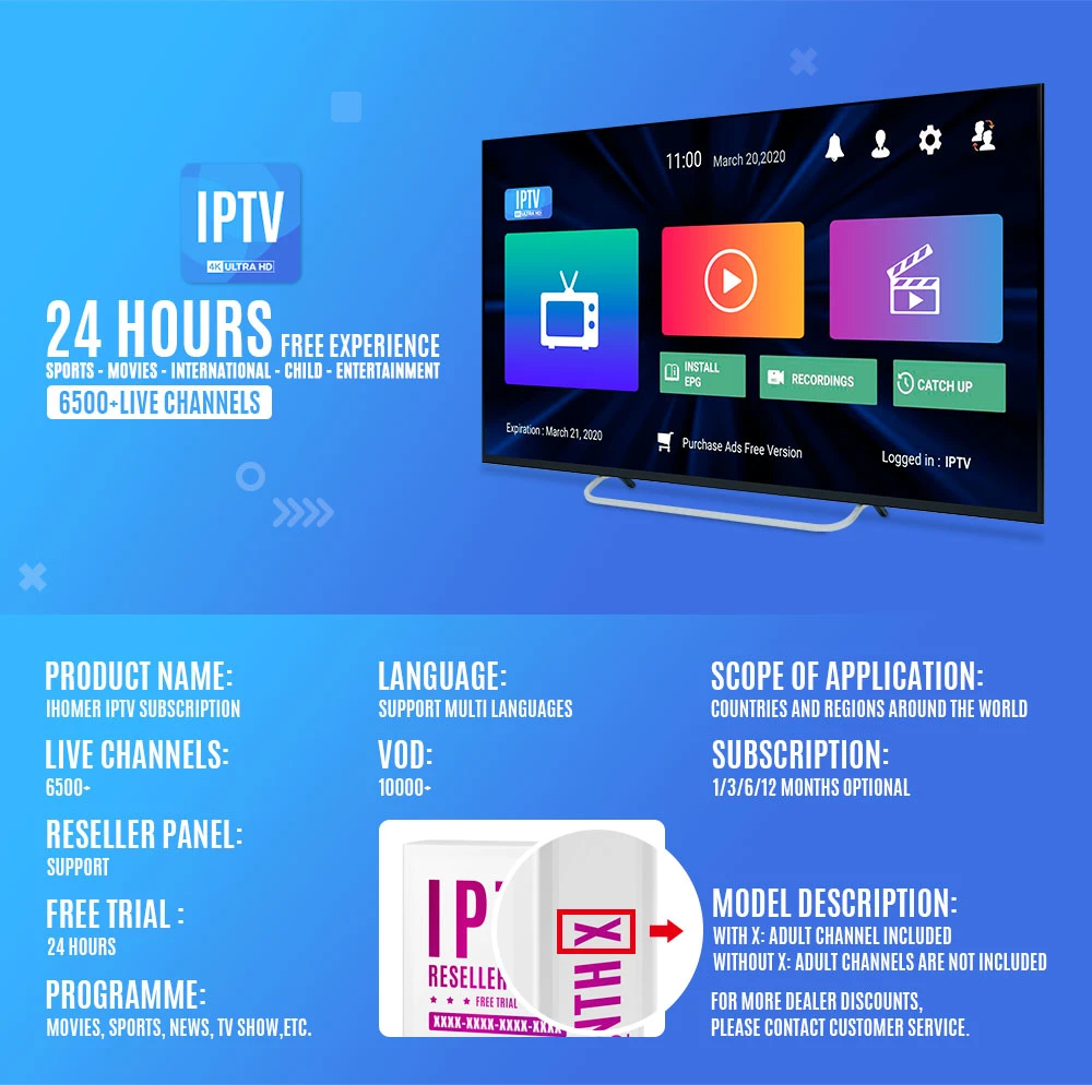 12 Mois 2022 Code IPTV Mondial Essai Gratuit Android Tvbox Set Top Box Ihomer Revendeur Panel 4K Firestick M3u Abonnement IPTV