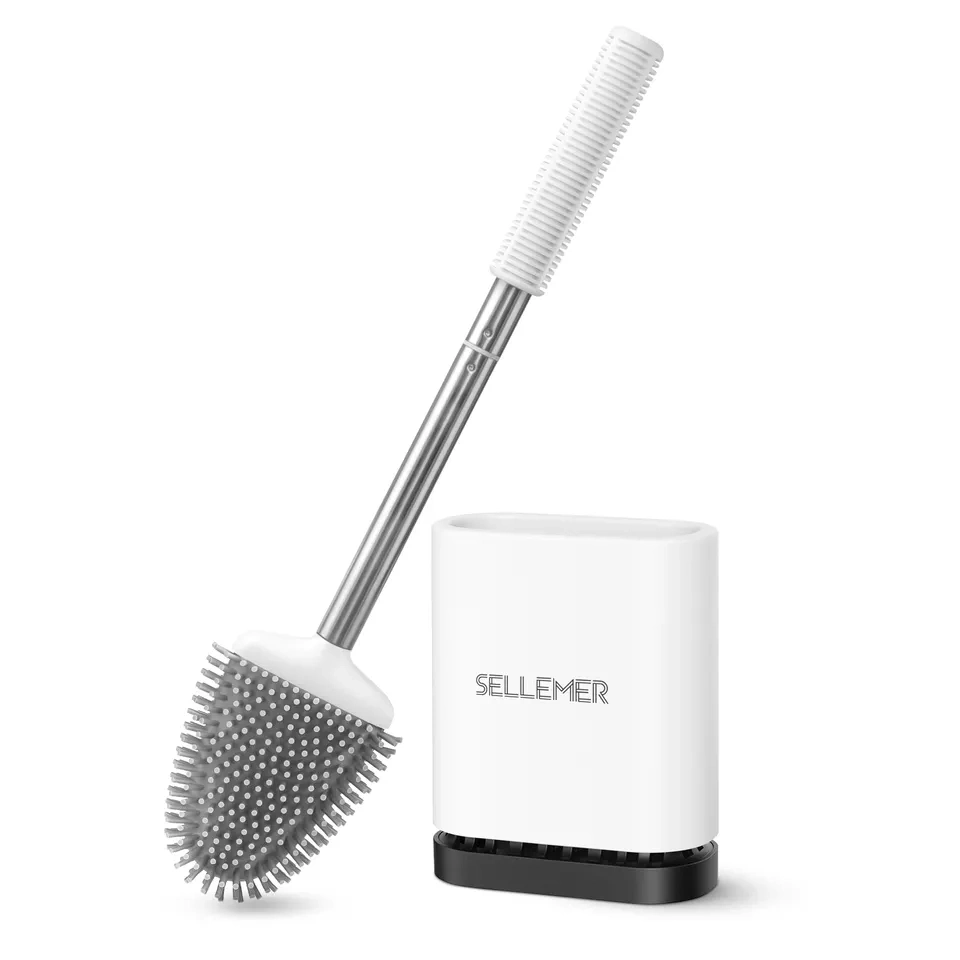 Sellemer Toilet Brush and Holder Set for Bathroom Toilet Bowl Brush Head with Stainless Steel Handle Silicone Toilet Brush