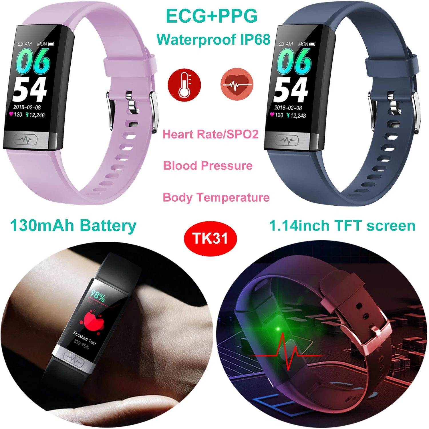 Novo design do ECG de monitorização da glicemia de frequência cardíaca com temperatura corporal PPG Bluetooth Sport Fitness Smart pulseira TK31