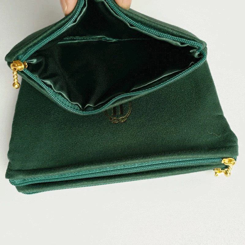 Suede Velvet Custom Embroidery Logo Pouch Luxury Beauty Makeup Zipper Closure Travel Professional Cosmetic Green Bag