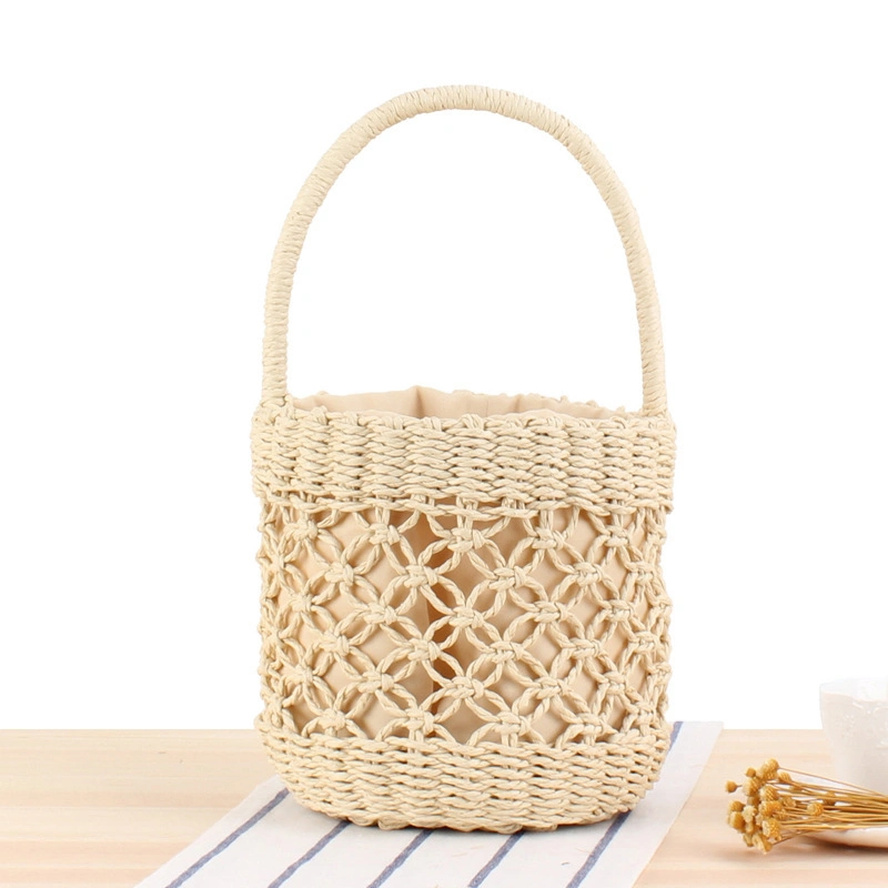 Hand Bucket Woven Bag Hand-Carried Hollow Straw Woven Bag Ins Summer Vacation Photo Beach Bag