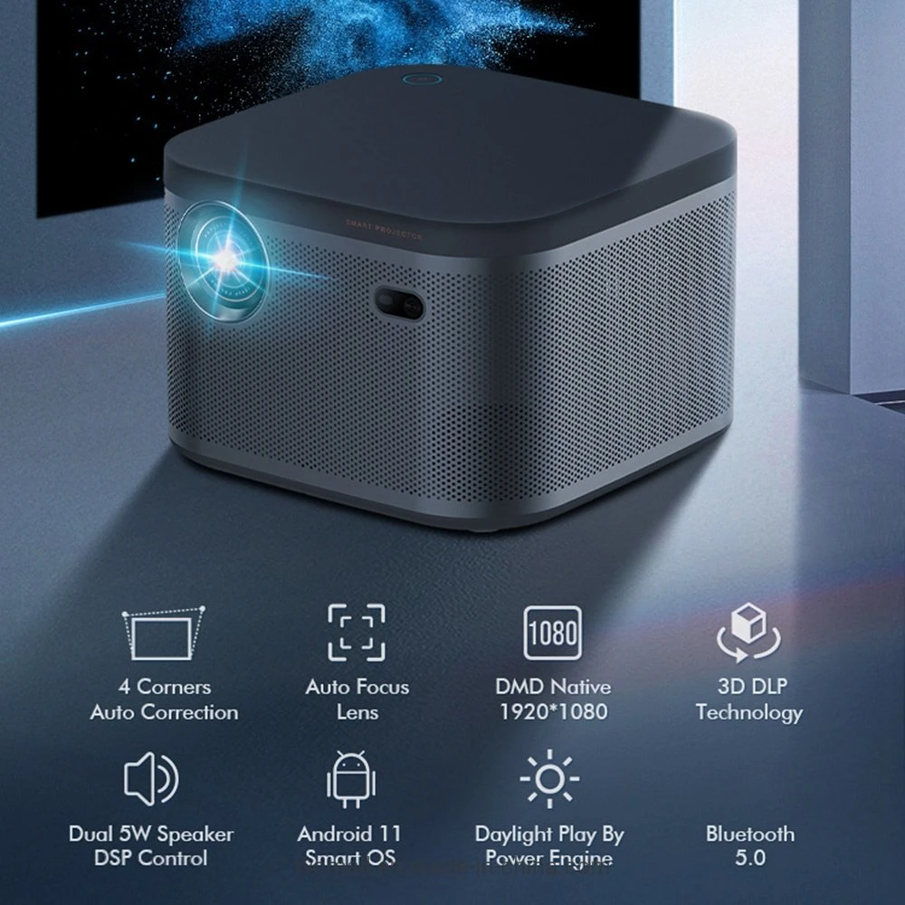 D055 1080P Ultra-Bright Display Projector Screenless TV Android Projector Auto Focus Mobile Phone Projector Support 200" Screen - UK Plug