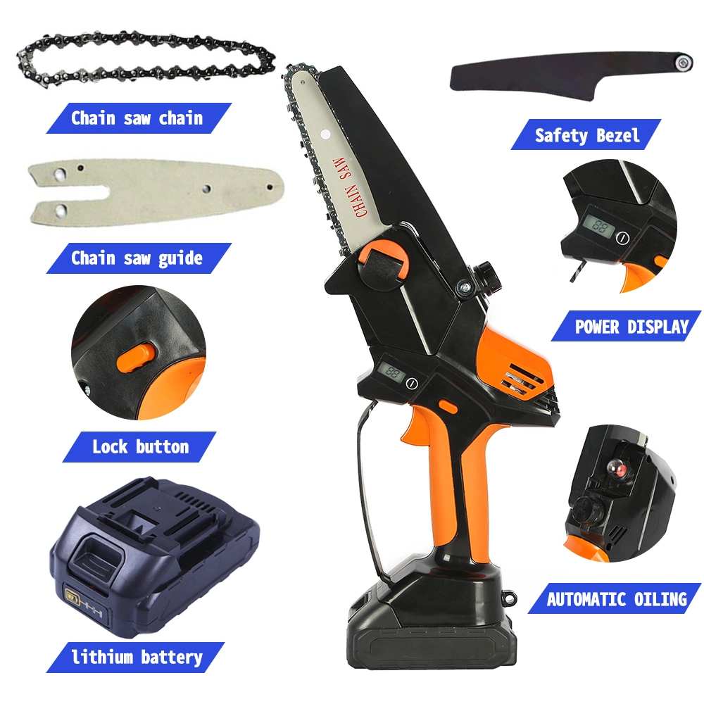 One-Hand Woodworking Lithium Electric Chain Saw with Automactic Oiling, LED, LCD Functions, Passed CE/FCC/RoHS Home Used Garden Tools