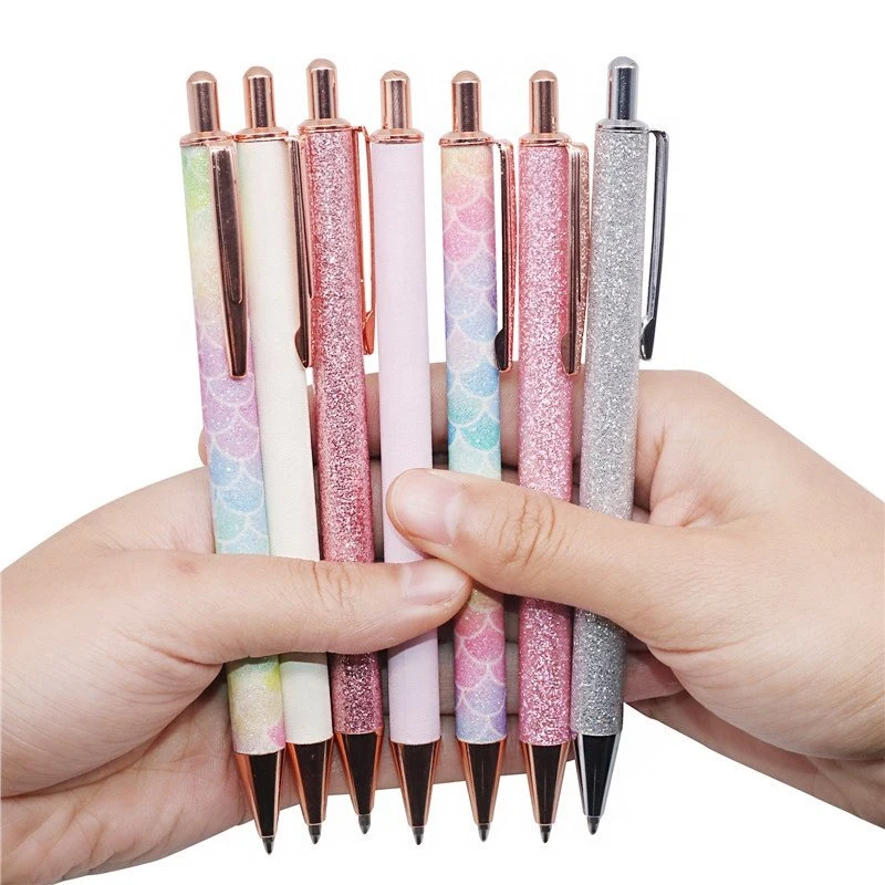 Ballpoint Pens Metal Retractable Fansy Pink Pen Black Ink Glitter Rose Gold Click Custom Cute Pens with Logo for School