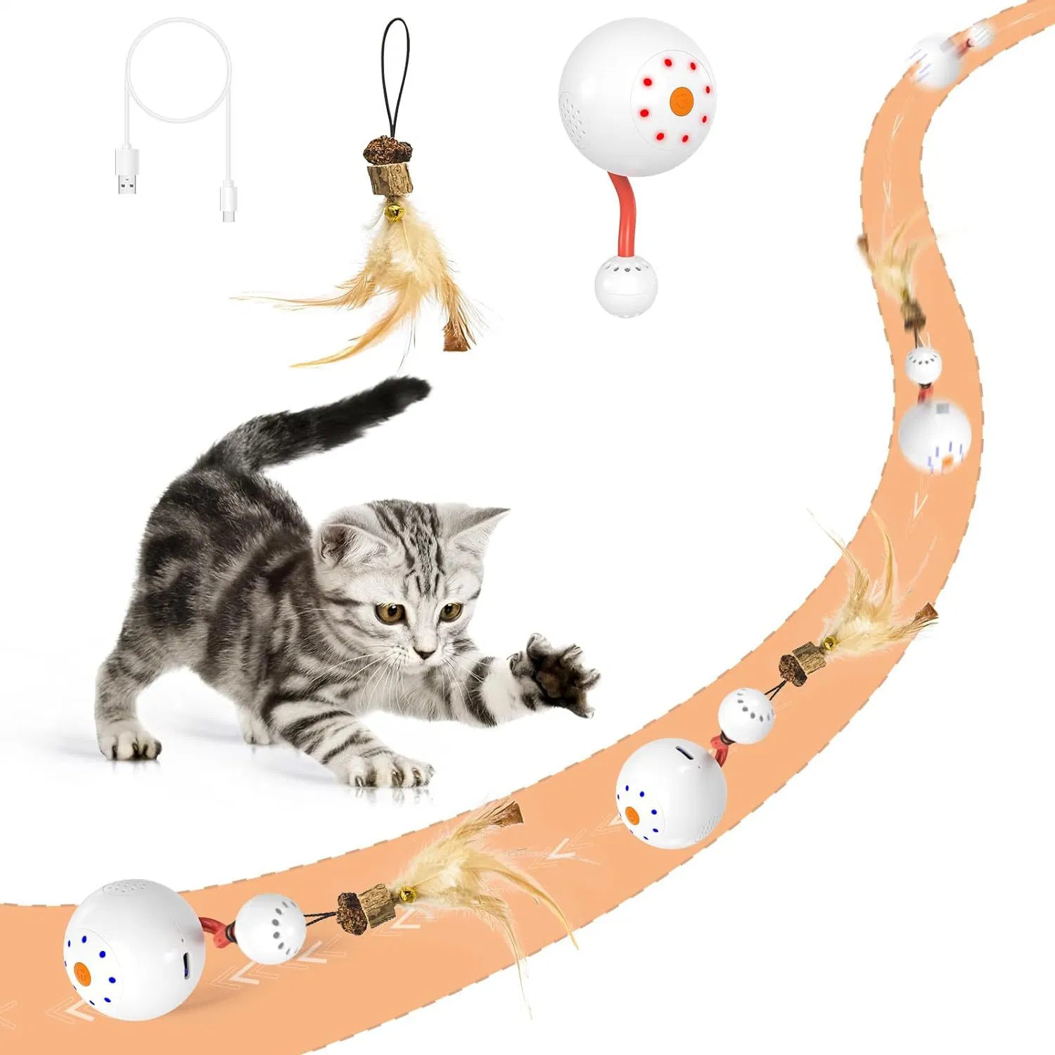 Indoor Cat with Feather Sports Activated Roller LED Lights Smart Speaker