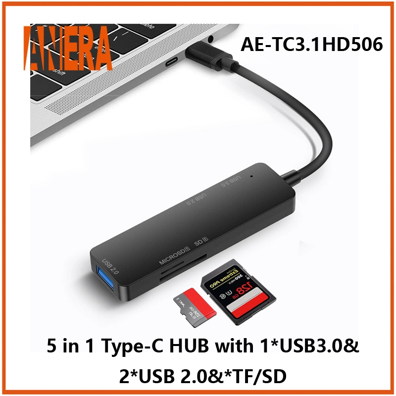 Anera High Performance 5 in 1 Multifunktions-USB C tragbar Nabenadapter Typ C mit SD/TF 2,0-Karte für USB3,0/2,0-Hub Leser