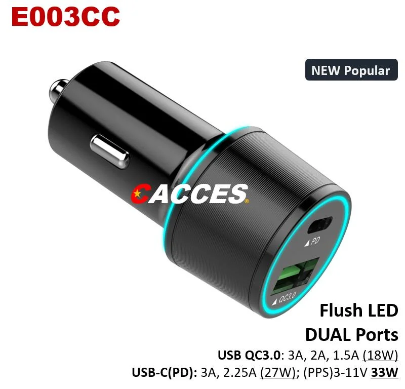 شاحن سيارة Cacces مع USB من النوع C بقدرة 36 واط بقوة 27 واط طراز Pd3.0 و18W منافذ QC3.0 مهايئ السيارة الثنائي المعدني الصغير المتوافق مع أجهزة iPhone وiPad وNote وSamsung وHuawei وأي هواتف محمولة أخرى