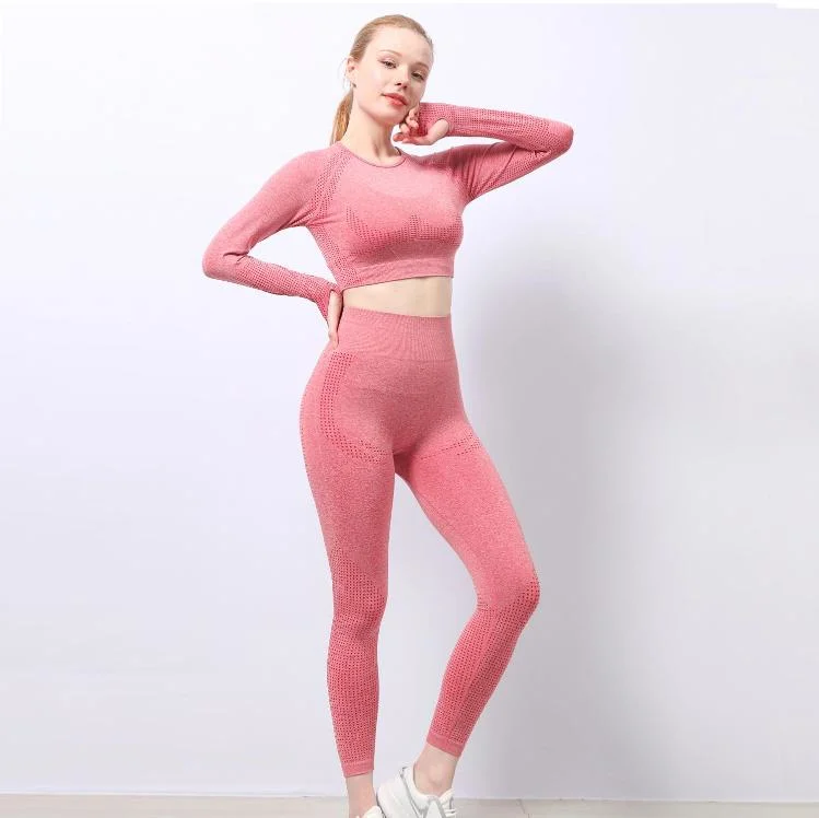 Women 2PC Gym Workout Fitness Tracksuits Athletic Clothes Activewear Yoga Wear Seamless Sport Bra Crop Top Long Sleeves Biker Shorts Leggings Custom Clothing